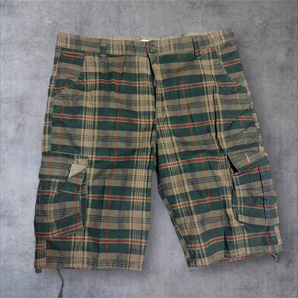 ELETOP Mens 38 Cargo Shorts Tie Leg Fishing Camping‎ Hiking Green Plaid